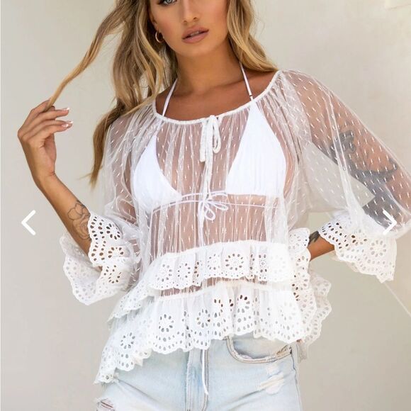 Selfie Selfie KIANA ADJUSTABLE NECKLINE TIE HAIL SPOT MESH TOP WHITE - Picture 1 of 2